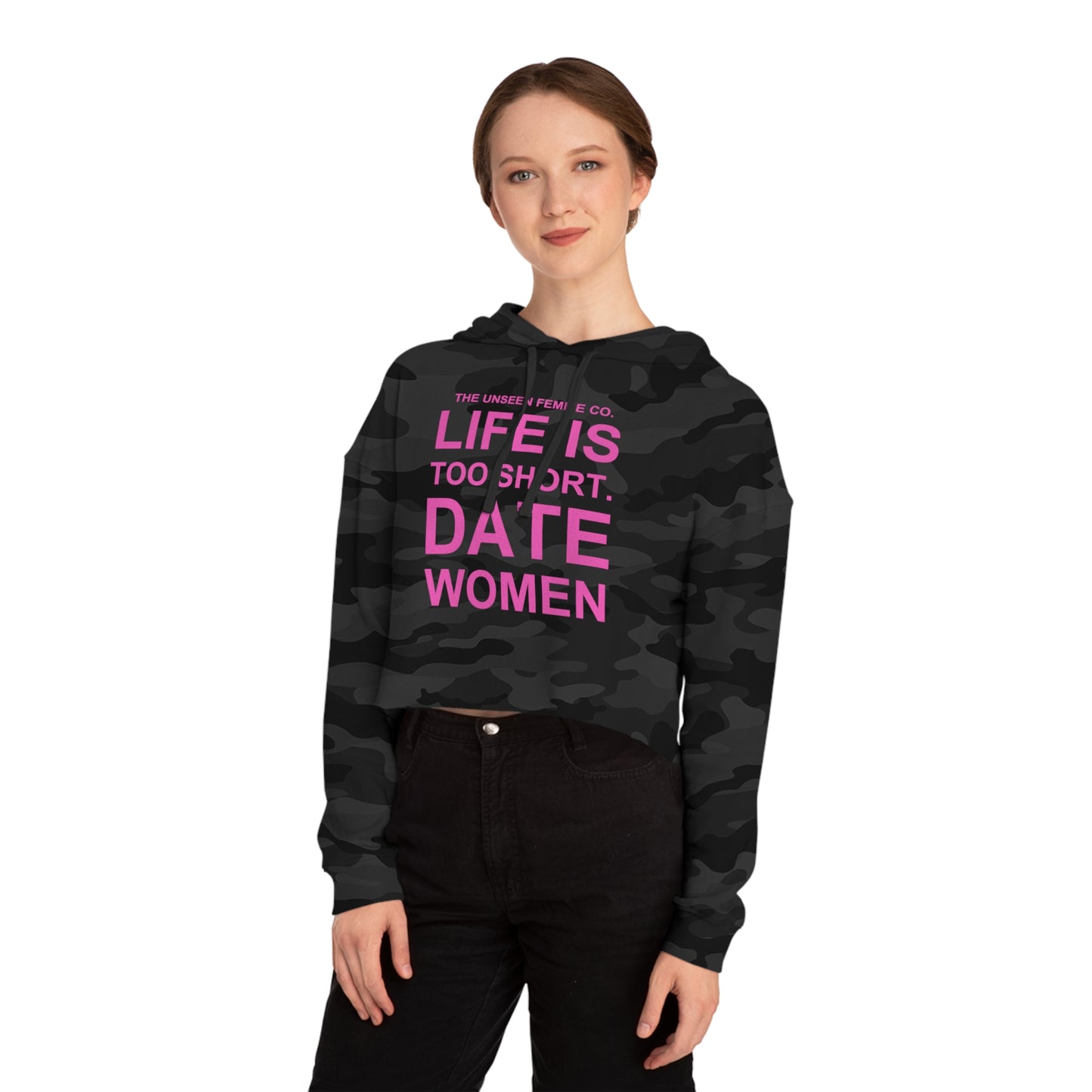 LIFE IS TOO SHORT Empowering Women's Cropped Hoodie - Celebrate Love and Identity, Perfect for LGBTQ+ Pride, Casual Wear, Gifts, Everyday Comfort