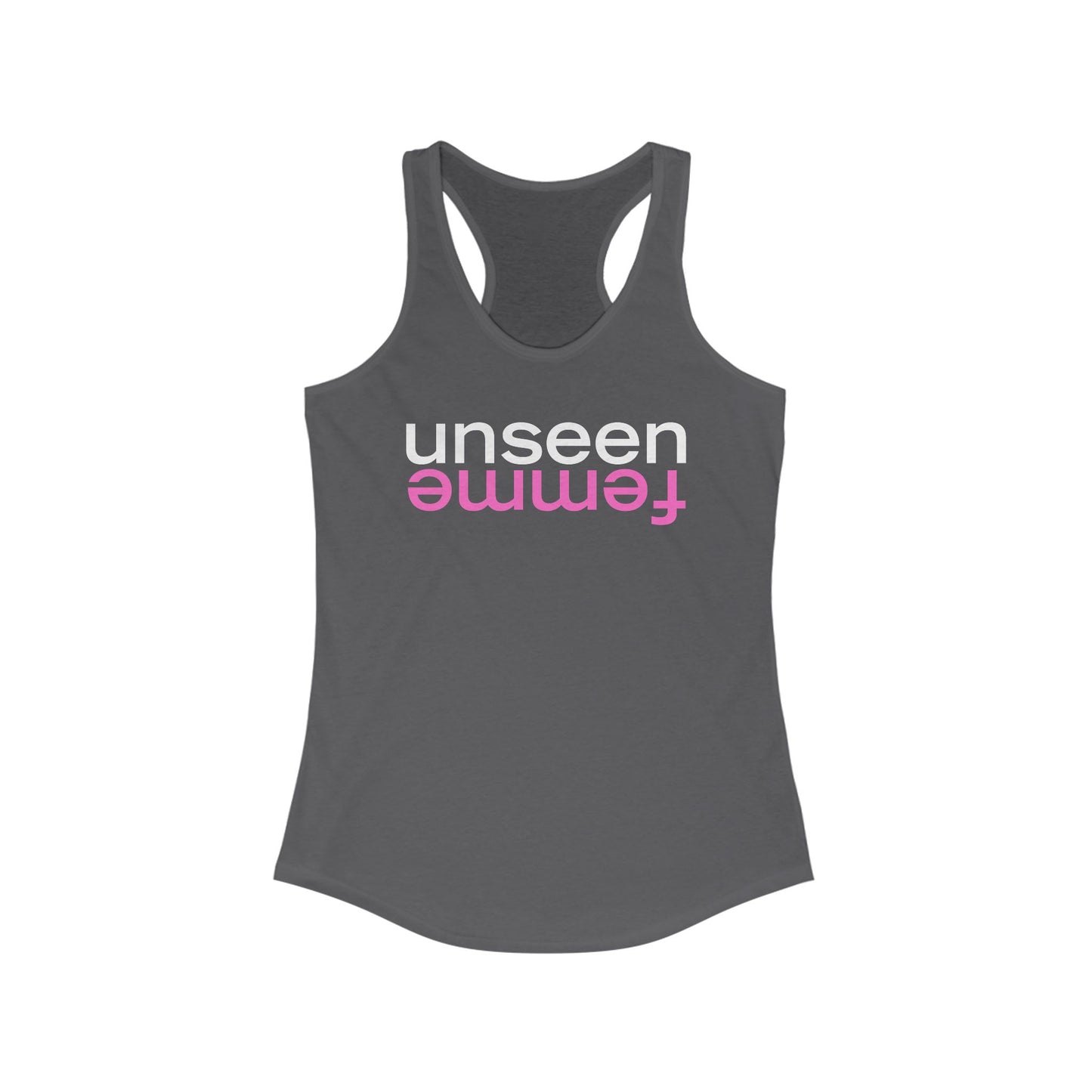 Gray tank top with 'unseen femme' text on a white background
