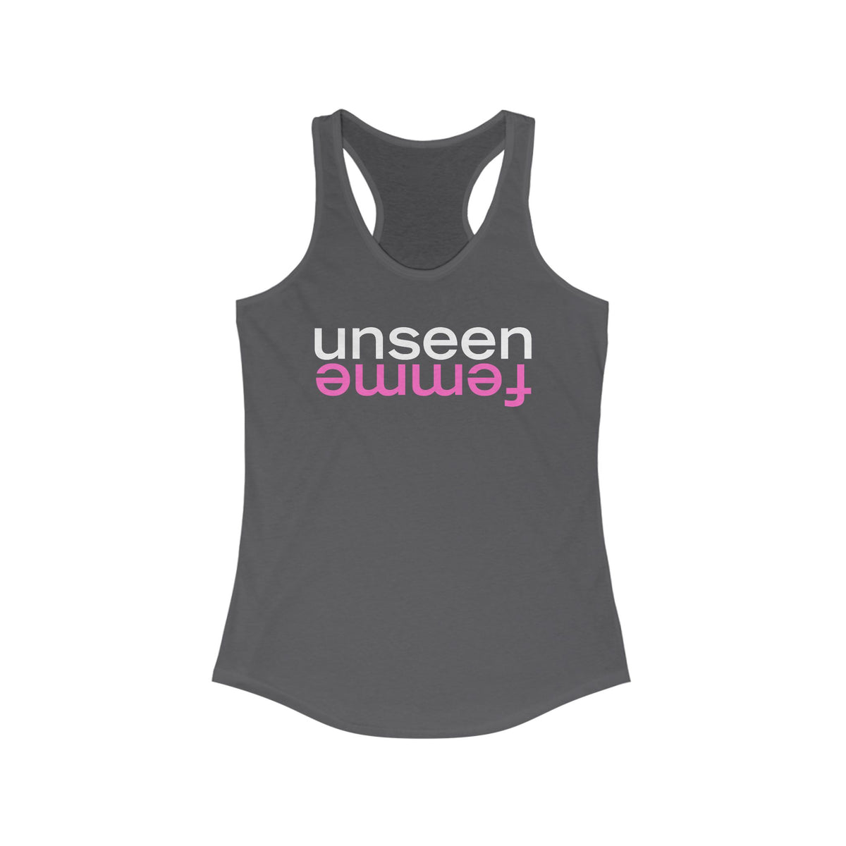 Gray tank top with 'unseen femme' text on a white background
