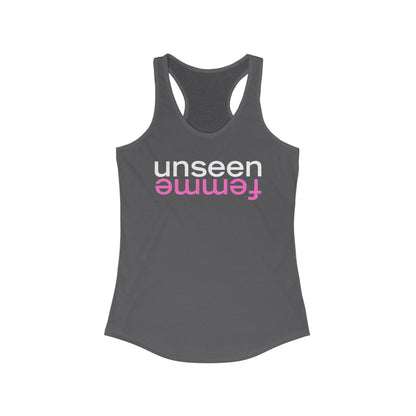 Gray tank top with 'unseen femme' text on a white background