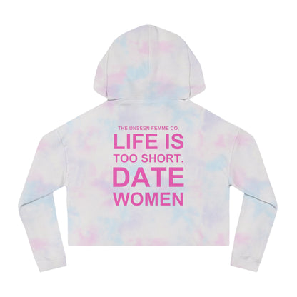 LIFE IS TOO SHORT Empowering Women's Cropped Hoodie - Celebrate Love and Identity, Perfect for LGBTQ+ Pride, Casual Wear, Gifts, Everyday Comfort