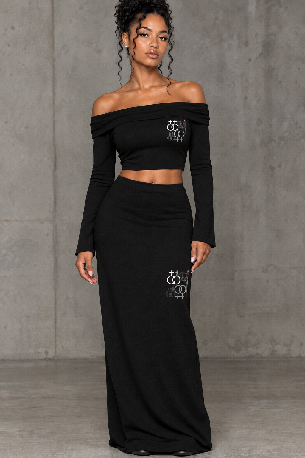 UNSEEN FEMME Women's Off-the-Shoulder Bell Sleeve Crop T-Shirt & Maxi Skirt