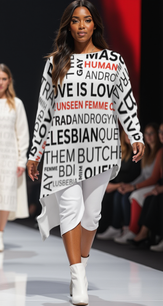BOLD WORDS! WHITE DRESS/TUNIC LONG SLEEVE ALLOW 4 TO 6 WEEKS FOR DELIVERY